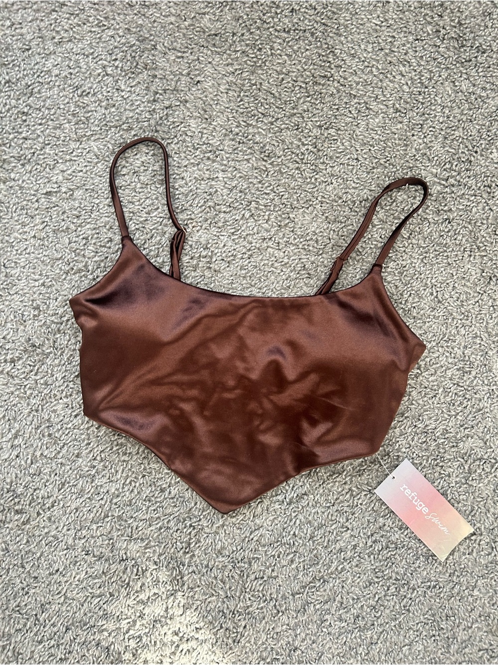 refuge Brown Satin Triangle Crop Swim Top